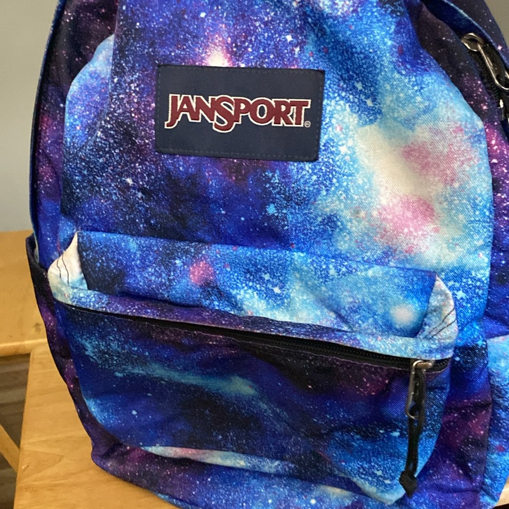 JanSport Medium Backpack Sleeve Zipper Pocket Cosmos Galaxy Space Purple Blue